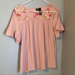 Pink shirt, lace neck line, embroider flowers!